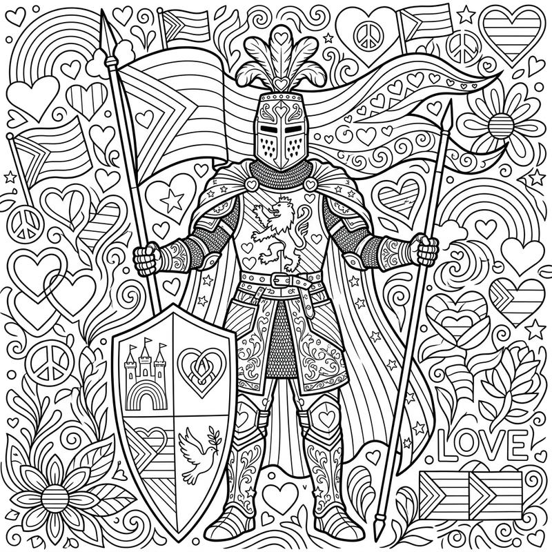 Discover a unique coloring page featuring a valiant High Medieval Knight adorned with symbols of Pride Month. Celebrate love and diversity as you bring this majestic warrior and his message of unity to life.