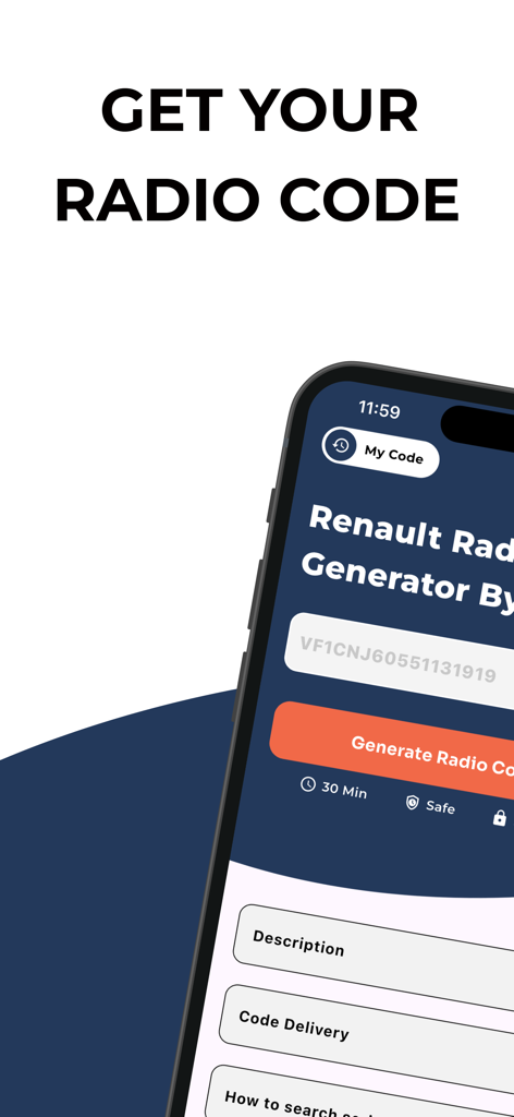 Radio Code Finder for Renault - Interfaccia dell'app per trovare codici autoradio Renault con inserimento del VIN