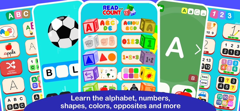 Un collage di schermate educative dell'app Read and Count PRO che mostra lezioni per alfabeto, numeri, forme e lingua dei segni.