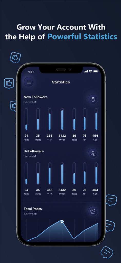 ProReports+ Unfollowers IG - Mobile app dashboard displaying weekly statistics for new followers and unfollowers on Instagram
