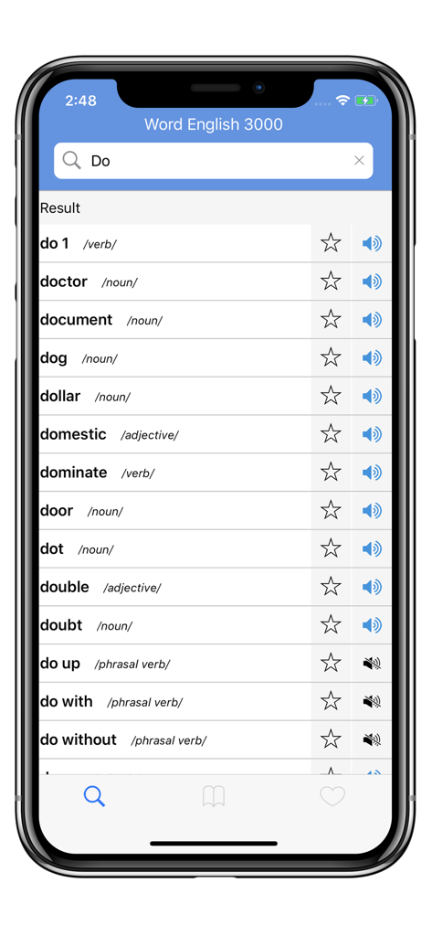 3000 Words English - Search results screen in the 3000 Words English app showing a list of words starting with do including parts of speech and audio pronunciation icons