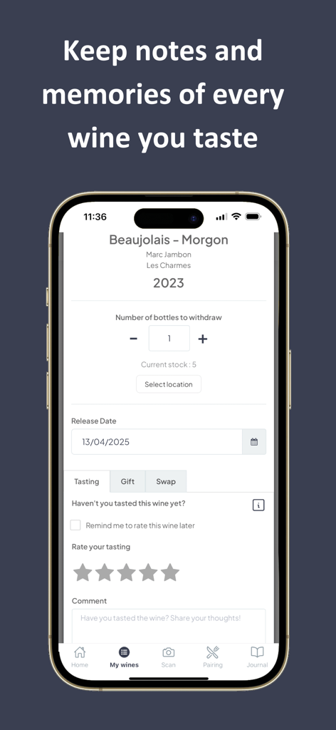 App interface for adding wine tasting notes and managing cellar inventory stocks.