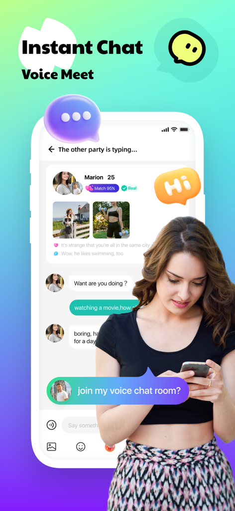 Timo Club app interface displaying instant chat and voice meet features with a user profile and messaging history