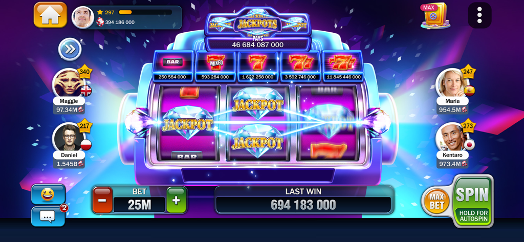 Interface du jeu de machines à sous Huuuge Casino montrant un gros gain de jackpot et des avatars de joueurs