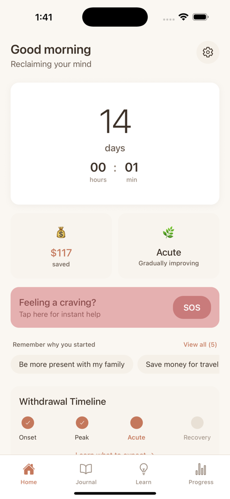 Quit Weed Tracker - Unfogged - Unfogged App Dashboard zeigt 14 Tage Fortschritt, gespartes Geld und eine Entzugszeitleiste.