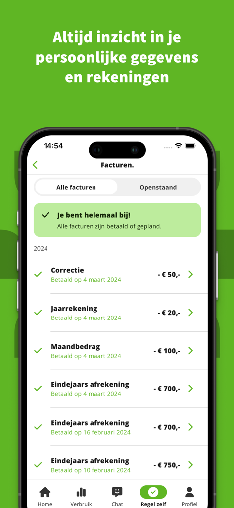Regelneef - energiedirect - Smartphone screen showing the billing and invoice history within the Regelneef app.
