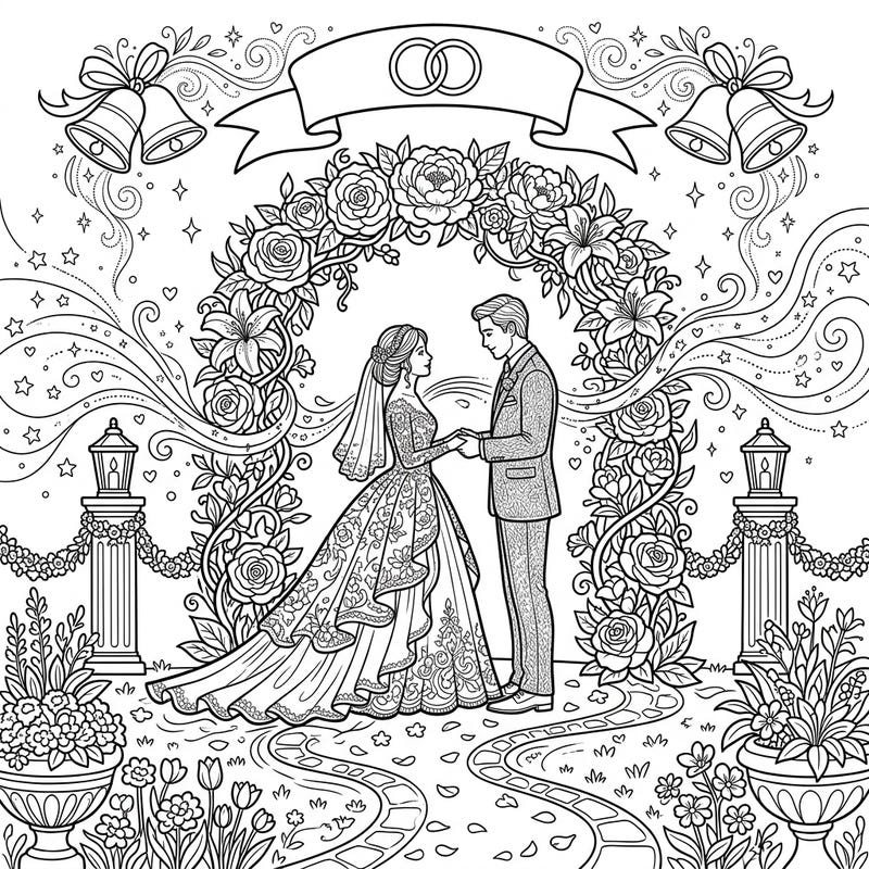 Step into a world of romance and magic with this exquisite wedding coloring page. Featuring a blissful couple under a floral arch adorned with sparkling fairy dust, it's an enchanting scene waiting for your artistic touch.