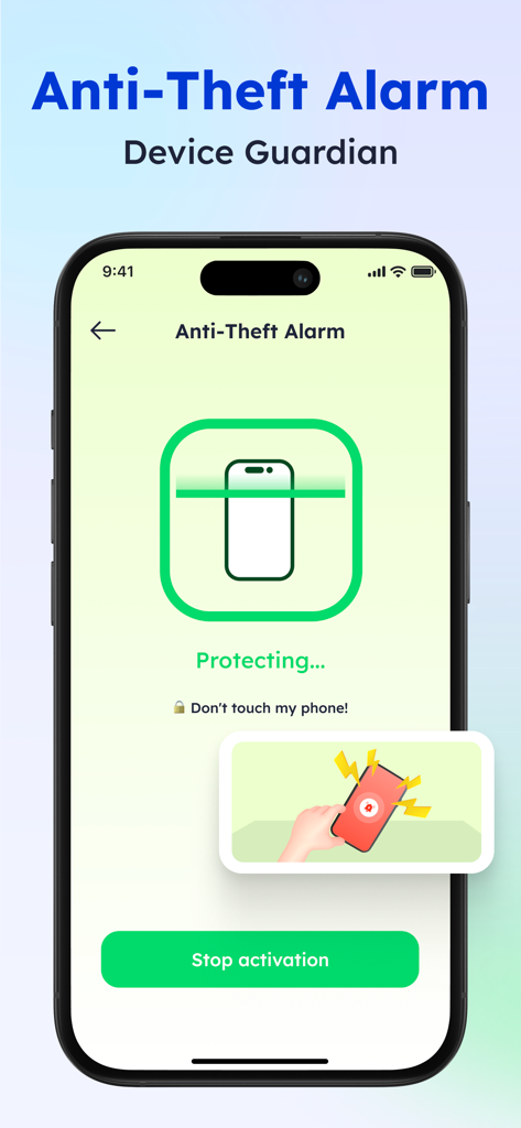 Junk Cleaner - AI Clean Up - Smartphone screen displaying the anti-theft alarm feature and device guardian interface of the Junk Cleaner app