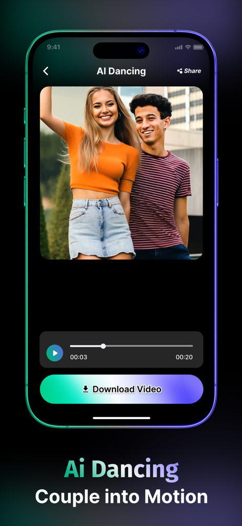 AI Video Generator - PicVideo - AI Video Generator app screen showing a feature called AI Dancing that puts a couple into motion