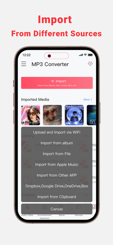 MP3 Konverter App-Oberfläche mit Optionen zum Importieren von Musik aus verschiedenen Quellen auf einem Mobilgerät