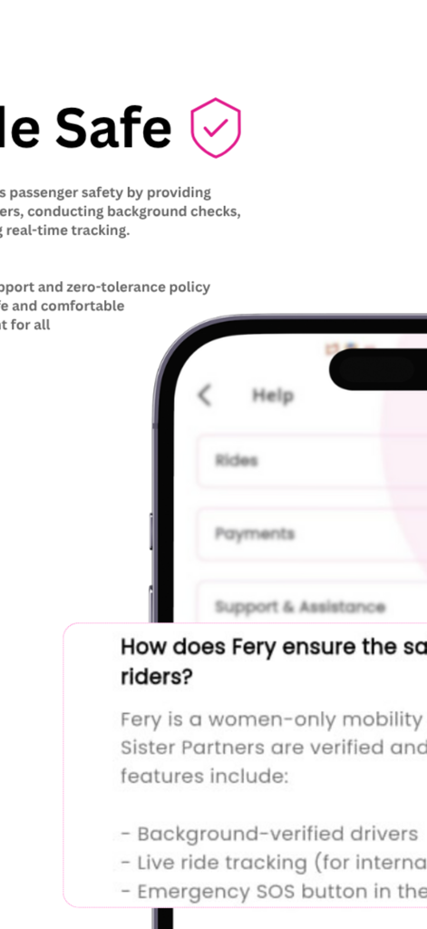 Fery Rides - Screenshot of Fery Rides help interface explaining safety features for women including background-verified drivers and live tracking