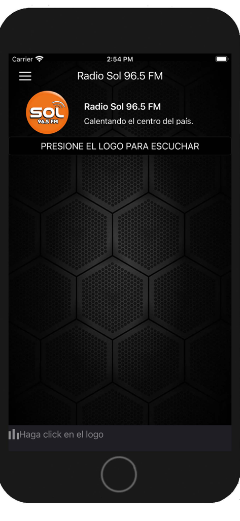 Radio Sol 96.5 FM mobile app home screen with logo and play instruction