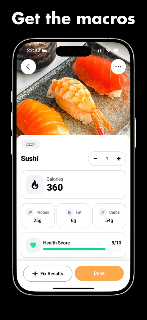Meshitora: Track My Calories - Meshitora app screenshot showing sushi meal calorie and macro breakdown with a health score