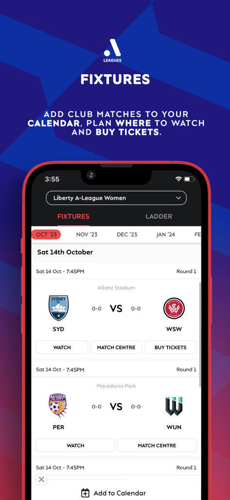 A-Leagues & Clubs Official App - Pantalla de la aplicación A-Leagues que muestra partidos y calendario de la liga femenina
