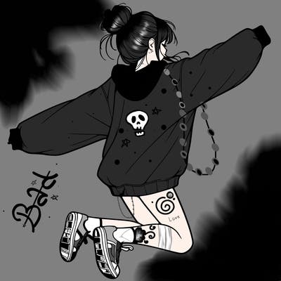 realistic girl jumping with a bun and oversized sweatshirt