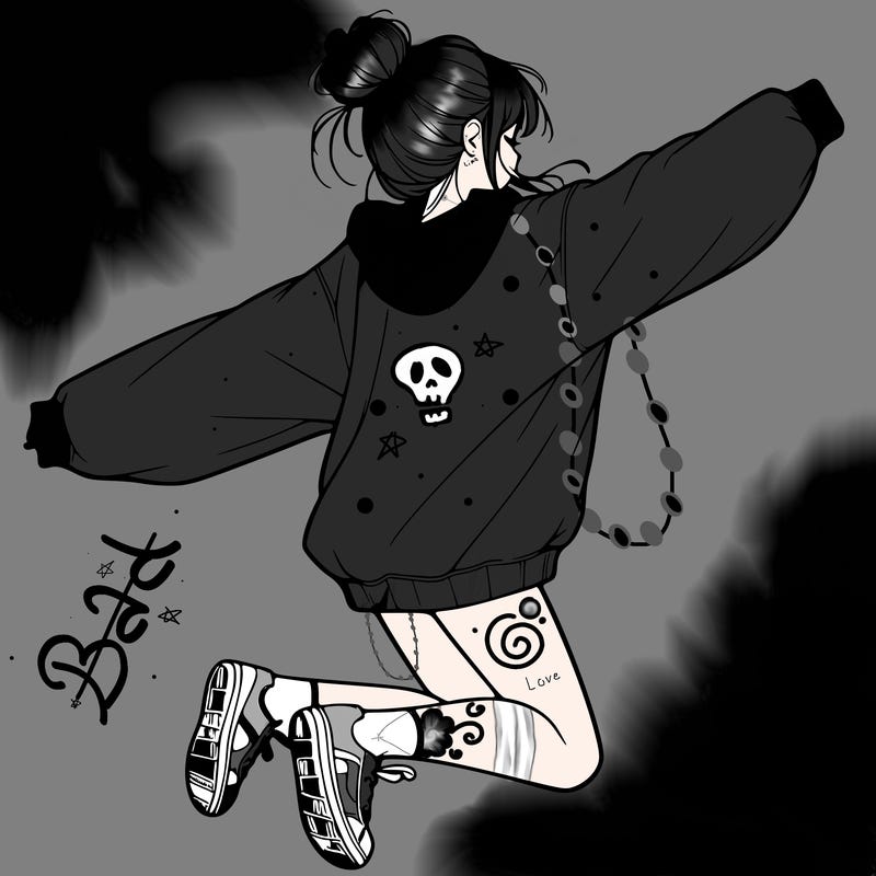 realistic girl jumping with a bun and oversized sweatshirt