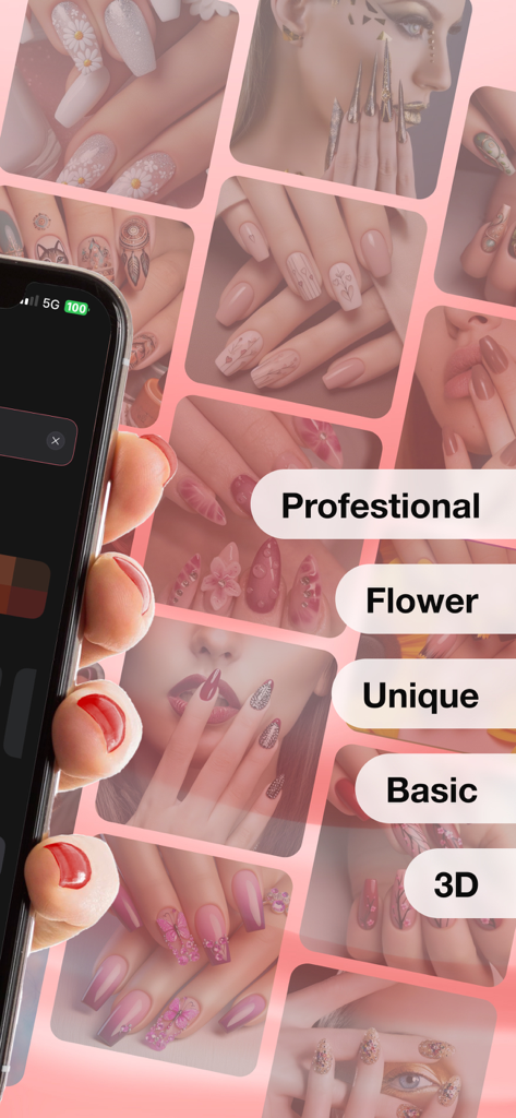 AI Nail Generator Nail Design - A collage of diverse nail art styles including professional, floral, unique, and 3D designs featured in an AI nail generator app.