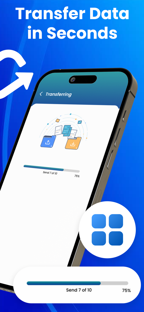Smart Switch: Transfer My Data - A smartphone screen showing a high speed data transfer progress bar at seventy five percent for moving files wirelessly