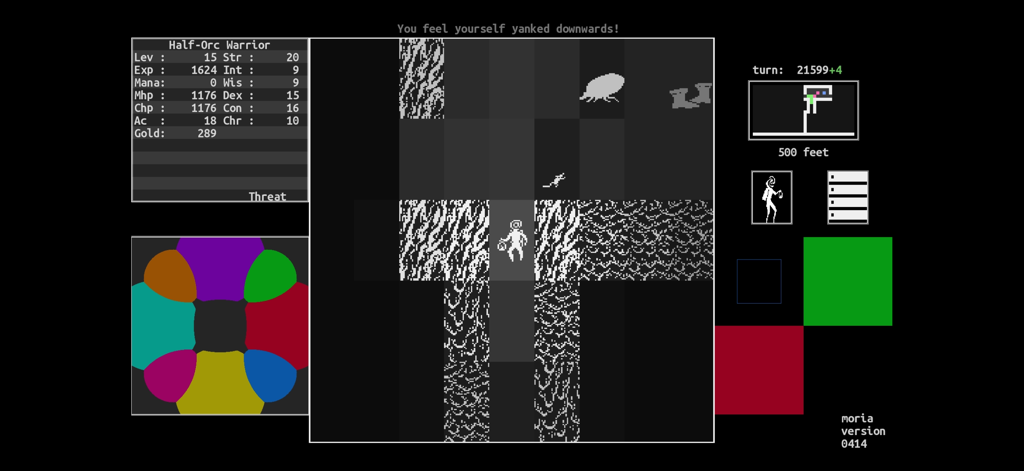 Mines of Moria - Mines of Moria gameplay interface showing a warrior character stats and a top-down dungeon map