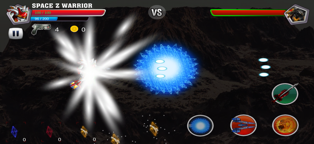 Action gameplay in Robot Battle showing a robot firing a powerful energy beam at an opponent in a dark rocky environment