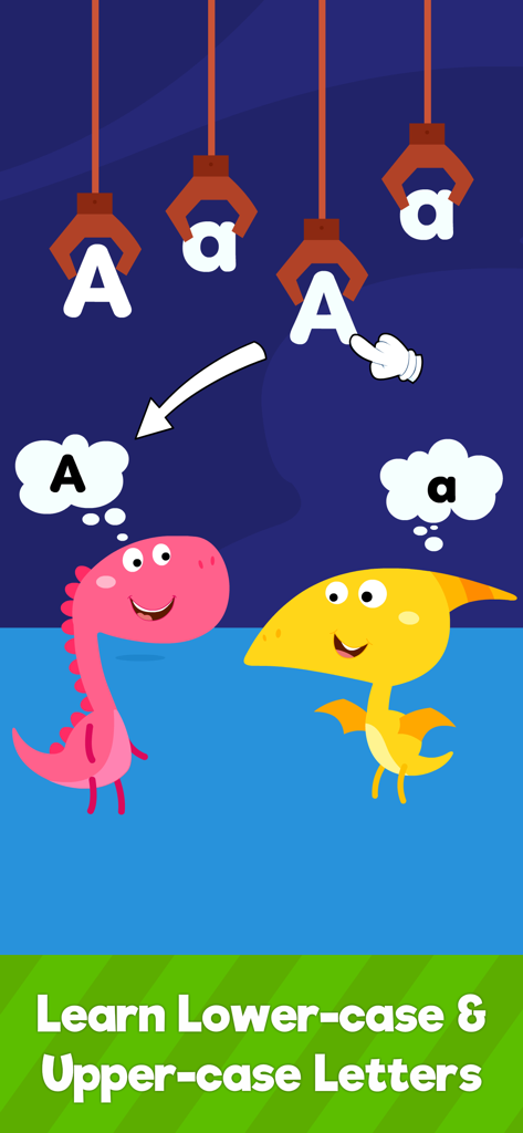 ABC Alphabet Learning for Kids - Dos dinosaurios coloridos en un juego enseñando la letra A mayúscula y minúscula