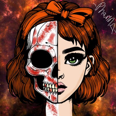 realistic girl with half skull mask
