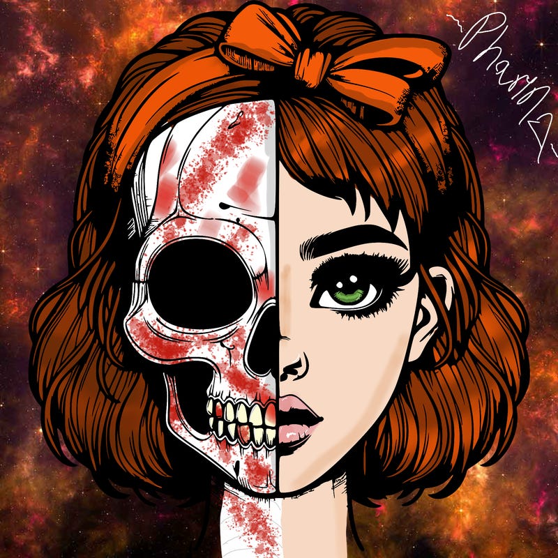 realistic girl with half skull mask