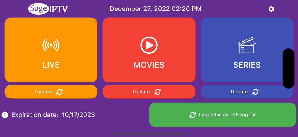 Playlist editor & IPTV Player - SageIPTV app dashboard with main buttons for Live TV, Movies, and Series categories