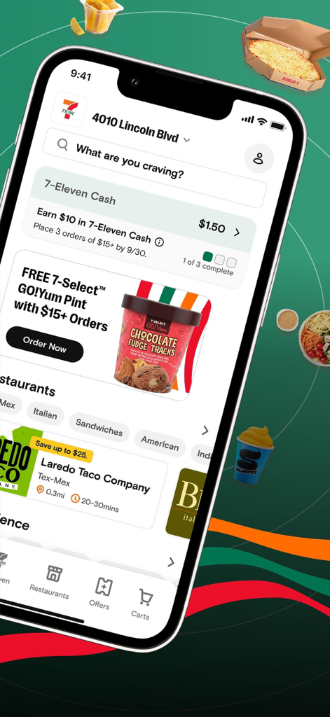 7NOW app home screen showing 7-Eleven Cash balance, a free ice cream promotion, and local restaurant delivery options.