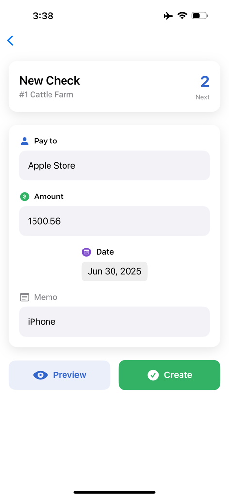 Interface of the Check Write Generator app showing the form to create a new check with payee amount and date fields