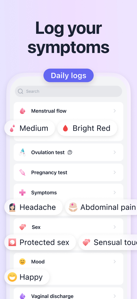 Pregmate Ovulation Tracker - Interface of the Pregmate app showing daily log options for menstrual flow, symptoms, and test results