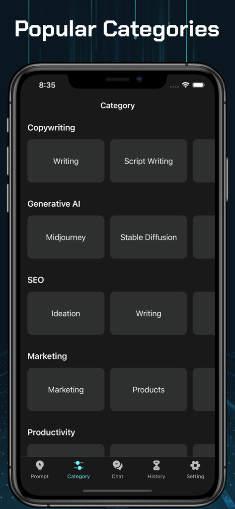 Interface of the AIPRM mobile app displaying curated AI prompt categories such as Copywriting, SEO, and Marketing.