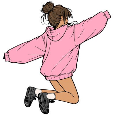 realistic girl jumping with a bun and oversized sweatshirt