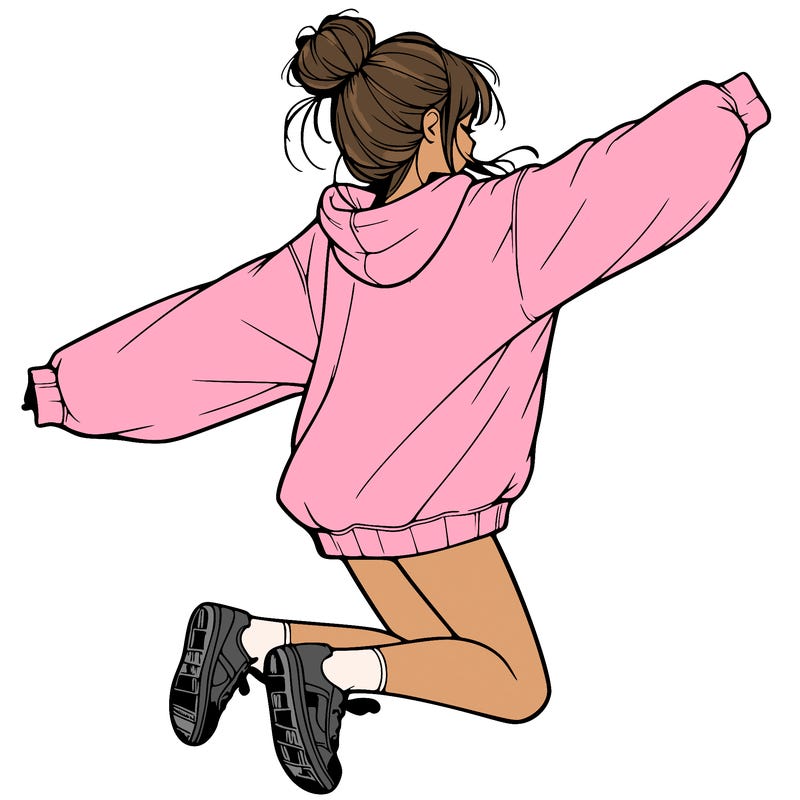 realistic girl jumping with a bun and oversized sweatshirt