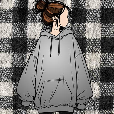 realistic girl with a oversized sweatshirt on and a bun