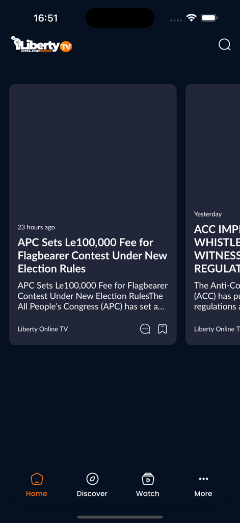 Liberty Online TV mobile app home screen displaying news articles and headlines from Sierra Leone.
