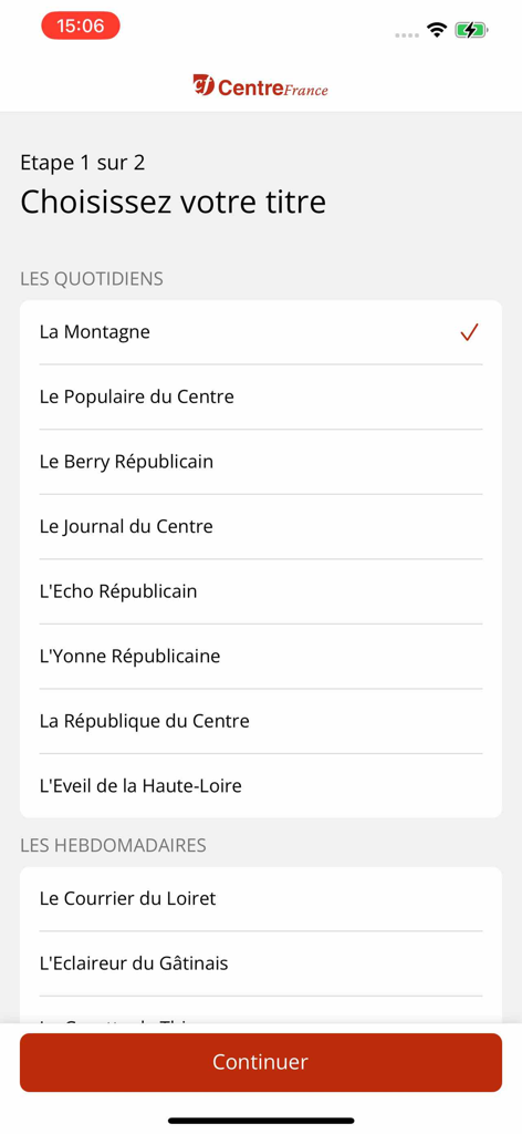 Newspaper title selection screen for French regional news