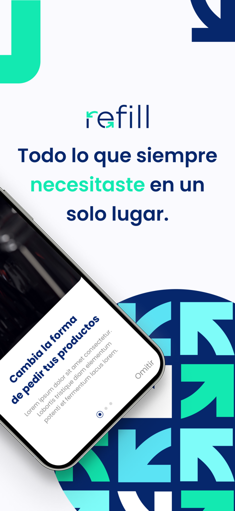 Pantalla de inicio de la aplicación Refill para la gestión de inventario de bebidas empresariales con lema en español