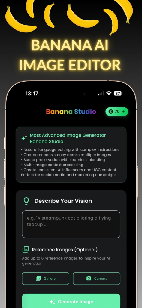 Banana Studio: AI Photo Edit - Interfaz del editor de fotos IA de Banana Studio para generar imágenes a partir de indicaciones de texto