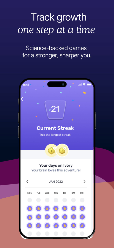 Ivory: Brain Training Games - Ivory app screen showing a 21 day streak and monthly activity calendar for brain training