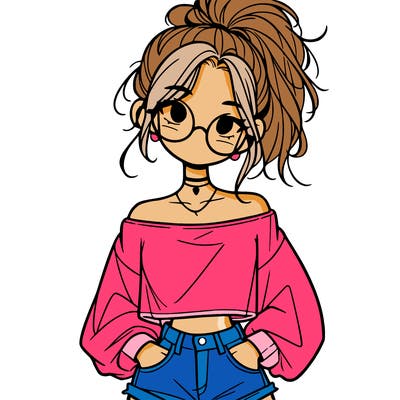 girl with a messy ponytail glasses a baggy crop top and jean shorts