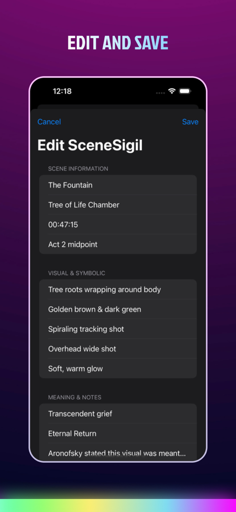 Interface for editing cinematic scene analysis including visual motifs and symbolic meaning