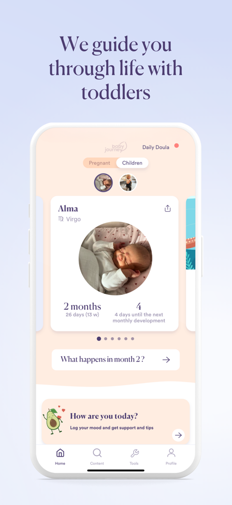 Baby Journey - Pregnant & Baby - Uno screenshot dell'app Baby Journey che mostra il profilo di un bambino e il monitoraggio dello sviluppo.