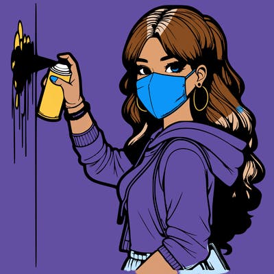 realistic girl with mask spray painting a wall