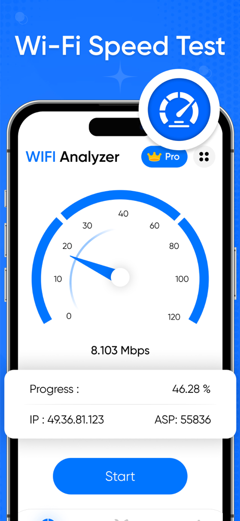 Interfaz de la aplicación Router Admin WiFi Analyzer mostrando una prueba de velocidad de Internet en tiempo real con un dial de velocímetro y detalles de IP