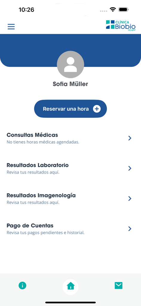 Clínica Biobío - User profile dashboard of the Clinica Biobio medical app showing options for booking appointments, laboratory results, and bill payments