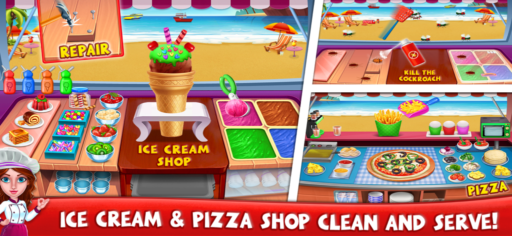 Messy House Cleaning Games - Gameplay mostrando reparos na sorveteria, limpeza de baratas e preparo de pizza em um jogo infantil.