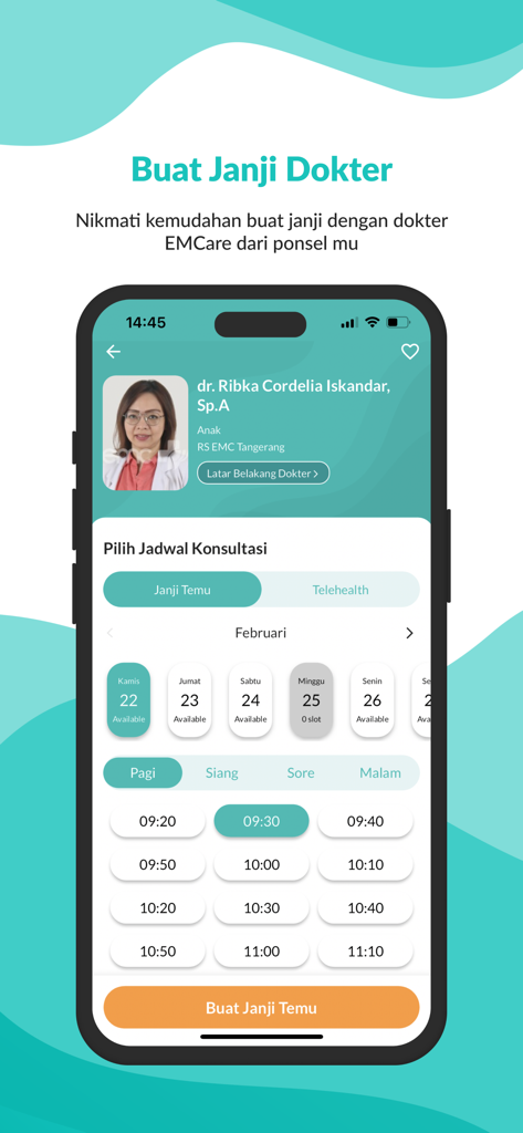 EMCare mobile app screen showing a doctor's profile and available time slots for booking a medical appointment.