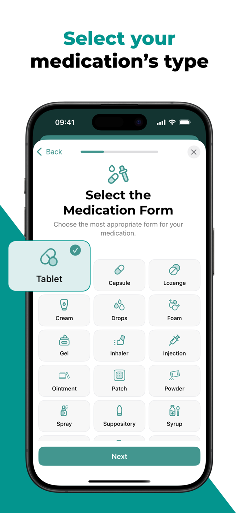 Un écran mobile de l'application AppyCare montrant une grille de sélection pour diverses formes de médicaments comme les comprimés, les capsules et les inhalateurs.