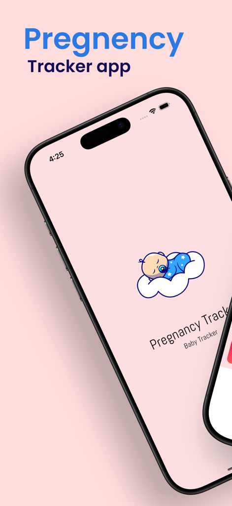 Pregnancy - Baby Tracker App - Pantalla de inicio de la aplicación Rastreador de Embarazo y Bebé en un iPhone con un icono de bebé durmiendo sobre un fondo rosa